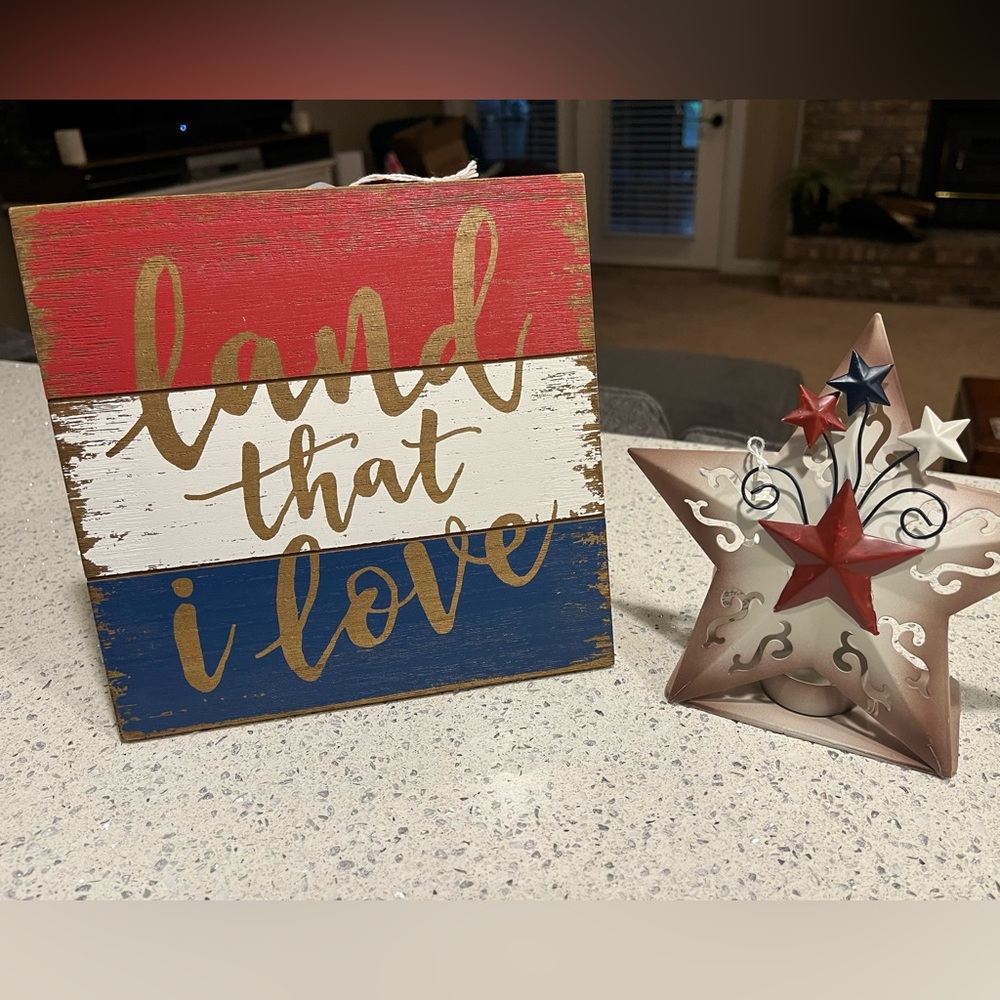 Patriotic ‘Land that I Love’ Sign and Star Votive Candle Holder